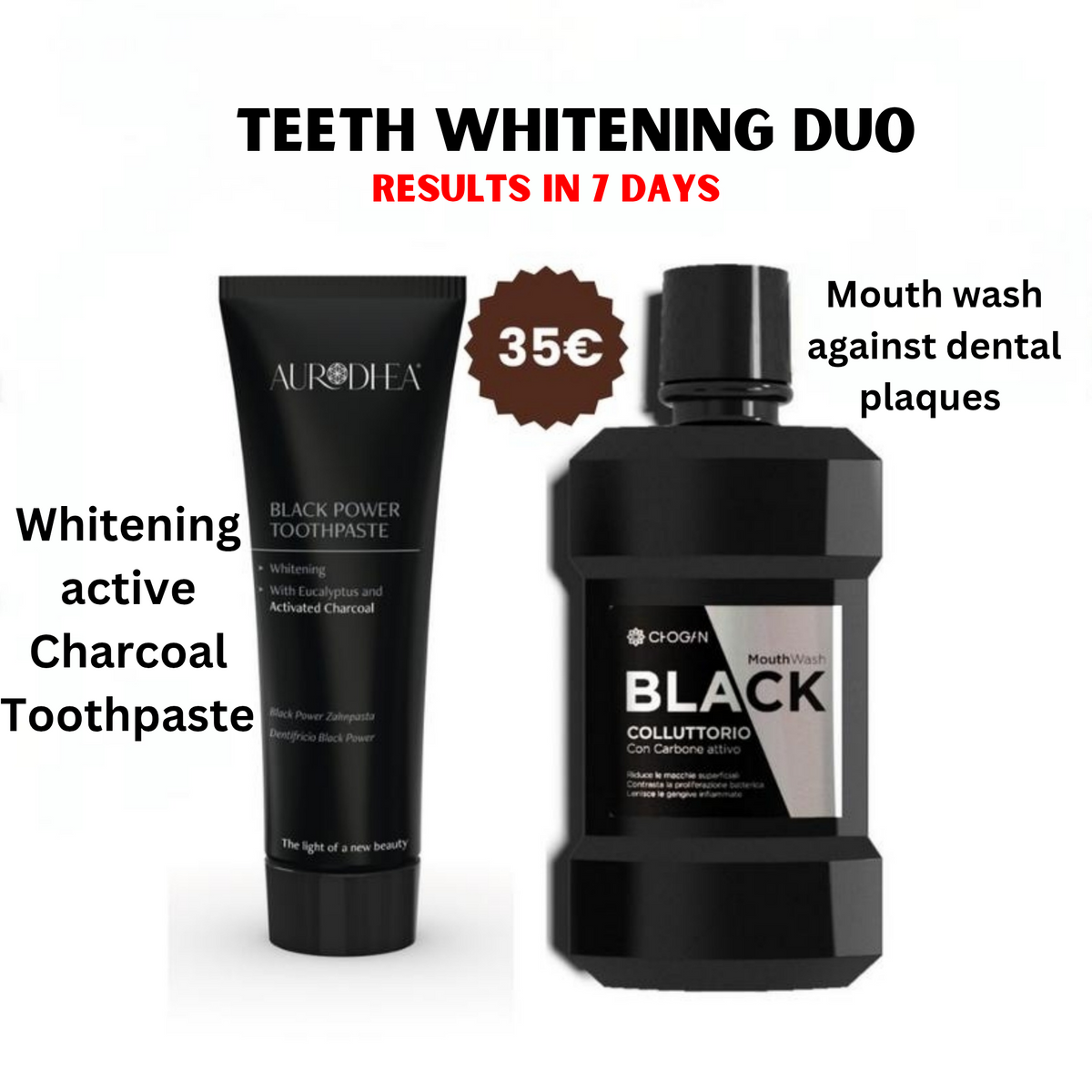 Duo blanchiment dentifrice et bain de bouche au charbon actif